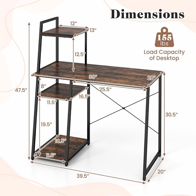 Tangkula Computer Desk with Shelves, Space Saving Home Office Desk with 3-Tier Ladder Shaped Storage Bookshelf, Modern Writing Study Desk with Metal Frame, Compact Computer Workstation (Rustic Brown)