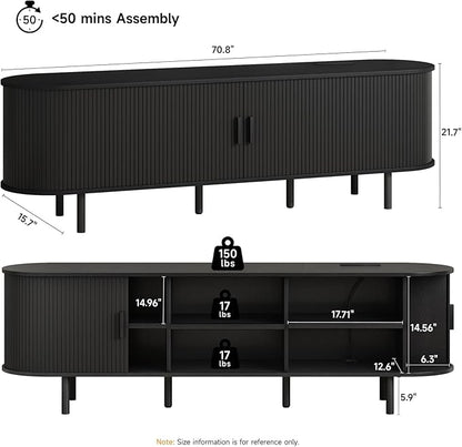 ONBRILL 70.8" TV Stand with Power Outlet for TVs up to 75 Inch, Entertainment Center with Storage and Adjustable Shelves, Modern Media Console with Sliding Doors for Living Room, Black