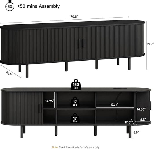 ONBRILL 70.8" TV Stand with Power Outlet for TVs up to 75 Inch, Entertainment Center with Storage and Adjustable Shelves, Modern Media Console with Sliding Doors for Living Room, Black