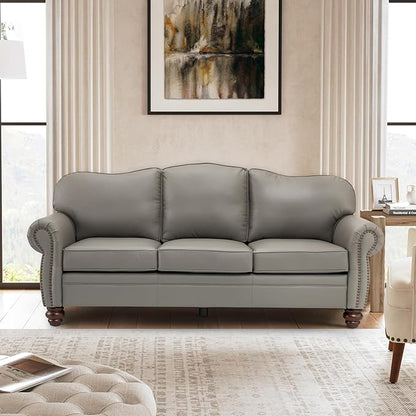 81" Genuine Leather Sofa, Classic 3-Seater Couchs with Wood Legs, Stylish & Comfortable Sofa for Living Room or Office, Easy Assembly and Maintain & Long-Lasting, Grey