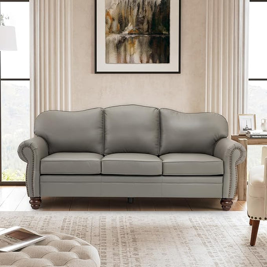 81" Genuine Leather Sofa, Classic 3-Seater Couchs with Wood Legs, Stylish & Comfortable Sofa for Living Room or Office, Easy Assembly and Maintain & Long-Lasting, Grey