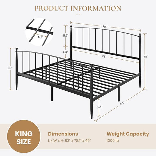SHA CERLIN King Size Metal Platform Bed Frame with Victorian Style Iron-Art Headboard and Footboard, Easy Assembly, No Box Spring Needed, Black