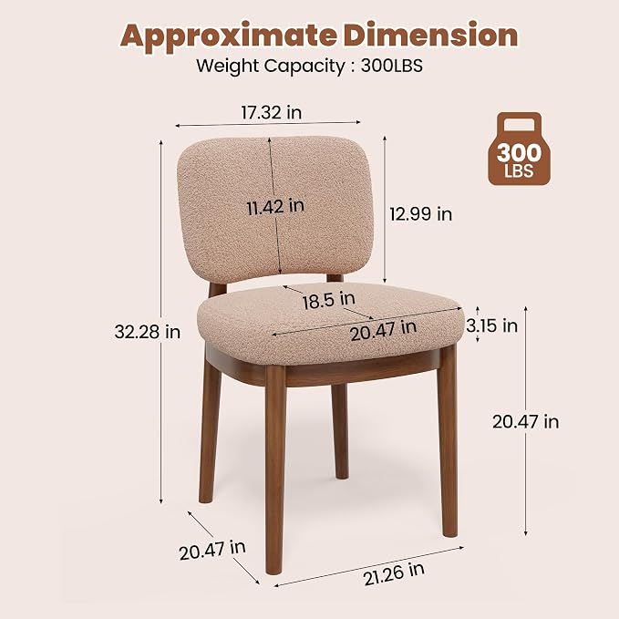 Wooden Dining Chairs Set of 4, Boucle Upholstered Kitchen Chairs with Solid Wood Legs, Mid Century Modern Dining Chairs, Farmhouse Side Chair with Hardwood Frame for Dining Room, Khaki