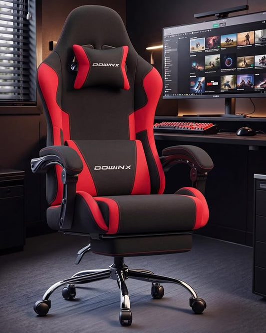 Dowinx Ergonomic Gaming Chair with Footrest & Massage Lumbar, 2D-Linkage Armrests for Computer Chair 330lbs with Headrest Pillow for Office, Home, Streaming and Long Gaming Sessions, Fabric Dark Red