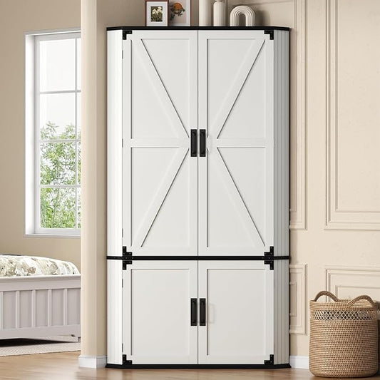 Gyfimoie Corner Wardrobe Closet with Doors, 71" Tall Freestanding Armoire Cabinet with Hanging Rod, Farmhouse Corner Storage Cabinet for Bedroom, White Wooden Corner Closet Organizer for Small Space