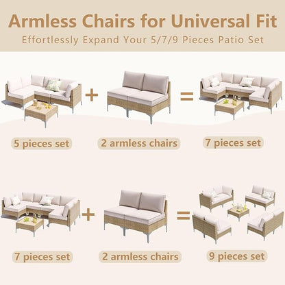 9-Piece Patio Furniture Set, Outdoor Wicker Sectional Sofa with Coffee Table, Anti-Slip & Thick All-Weather Cushions for Sunroom,Garden,Backyard, Beige