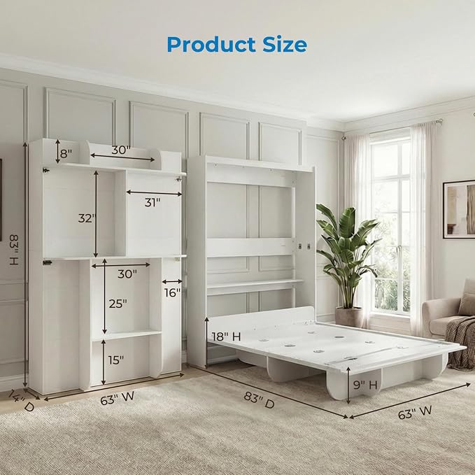 Mjkone Queen Size Wall Murphy Bed with Storage Shelf, Queen Wall Beds Cabinet Murphy Beds with Bookshelf, Top Cabinet Bedframe, Space-Saving Cabinets Beds for Bedroom/Guest Room/Studio/Office - White