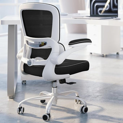 TRALT Ergonomic Office Chair - Desk Chair with Adjustable Lumbar Support Computer Chair - Mesh Comfy Chair with Flip-up Armrests - Gaming Chairs for Adults Home Office (PU Leather, Black White)