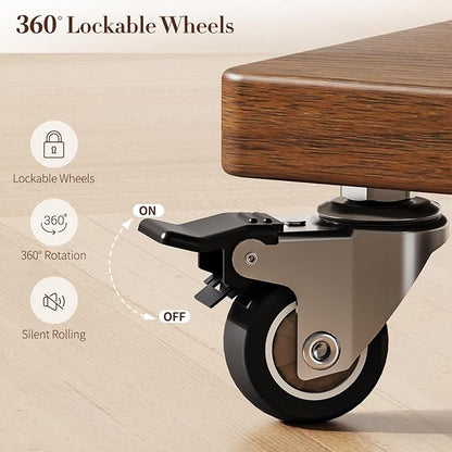 Yoobure Solid Wood Coat Rack Freestanding - Rolling Clothes Rack with 8 Hooks & Shelves, Small Clothing Rack with Wheels, Heavy Duty Clothing Racks for Hanging Clothes, Portable Hall Tree for Entryway