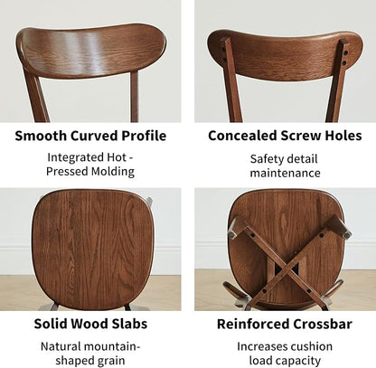 Solid Oak Walnut Dining Chairs Set of 2, Mid Century Modern Armless & Curved Back, Heavy Duty 400 lb Capacity, Easy Assembly for Small Kitchen, Dining Room, or Apartment