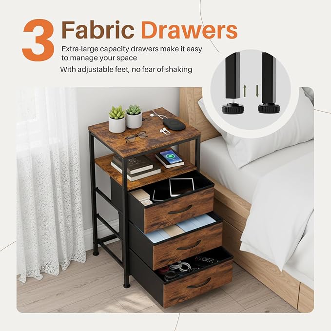 Sweetcrispy Nightstand with Charging Station, Bedside End Table with 3 Fabric Drawers, USB & Type-C Ports with AC Outlets, Adjustable Feet & Dimmable LED Light Strip, Modern Bedroom Furniture, Brown