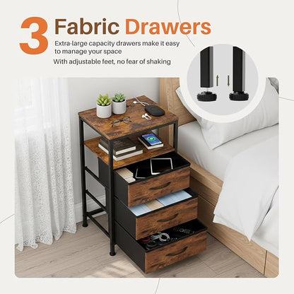 Sweetcrispy Nightstand with Charging Station, Bedside End Table with 3 Fabric Drawers, USB & Type-C Ports with AC Outlets, Adjustable Feet & Dimmable LED Light Strip, Modern Bedroom Furniture, Brown