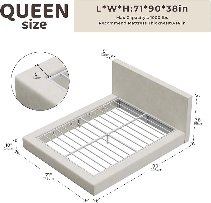 RECCI AirFrame Queen Bed Frame with Headboard, Cloud Upholstered Platform Bed Frame, 5 Inch Foam Cushioned, No Box Spring, Easy Assembly(Beige Chenille)