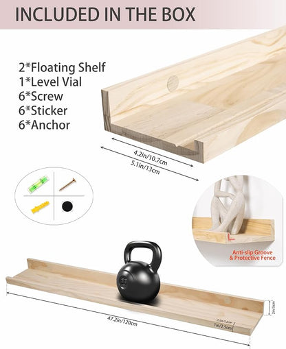MBYD 48 Inch Natural Pine Wood Floating Shelves, 5.1 Inch Wide Picture Ledge Set of 2, Wall Mount Unfinished Can be Stained Nursery Book Shelves for Kids Bedroom Living Room Bathroom Kitchen