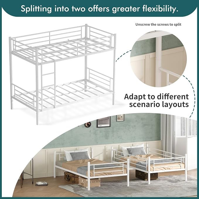 Bunk Bed Twin Over Twin, Metal Bunk Bed with Front Ladder and Safety Guardrail, Space-Saving Twin Bunk Beds for Kids, Teens & Adults, No Box Spring (Front Laddder, White)