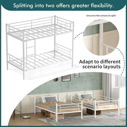 Bunk Bed Twin Over Twin, Metal Bunk Bed with Front Ladder and Safety Guardrail, Space-Saving Twin Bunk Beds for Kids, Teens & Adults, No Box Spring (Front Laddder, White)
