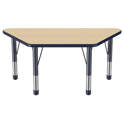FDP Trapezoid Activity School and Classroom Kids Table (24 x 48 inch), Chunky Toddler Legs for Collaborative Seating Environments, Adjustable Height 15-24 inches - Maple Top and Navy Edge