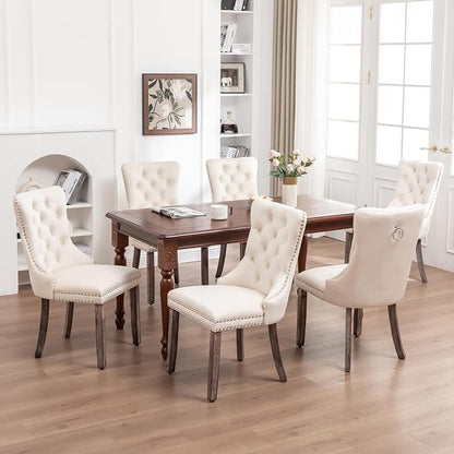 Hixkol Velvet Dining Chairs Set of 6,Upholstered Dining Chairs with Ring Pull Trim and Button Back,Modern Seating for Kitchen, Bedroom & Living Room(Beige)