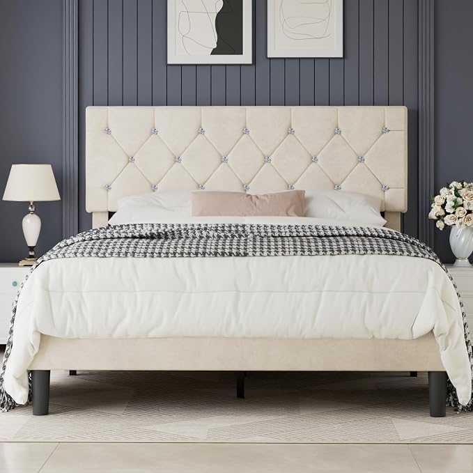 VECELO Queen Size Bed Frame with Diamond Tufted Headboard, Upholstered Platform Bedframe with Wood Slat Support, No Box Spring Needed, Pala Beige