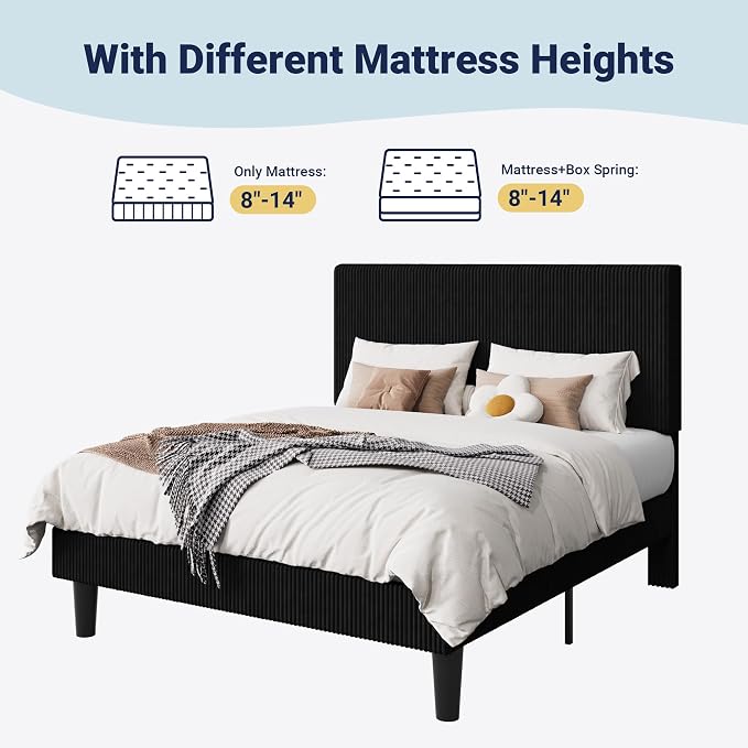 Allewie Queen Size Upholstered Bed Frame with Vertical Channel Tufted Headboard, Soft Corduroy Fabric Platform Bed, Strong Wooden Slats Support, Easy Assembly, No Box Spring Needed, Black