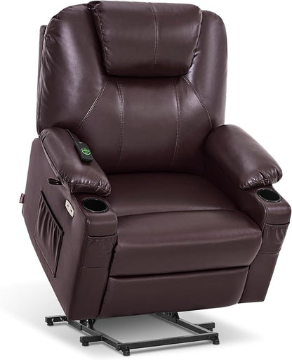 MCombo Oversized Power Lift Recliner Chair for Elderly, Lift Chair with Heat and Massage for Big and Tall, USB&Type C Ports, Cup Holders, Faux Leather R7510 (Dark Brown, Large-Wide)