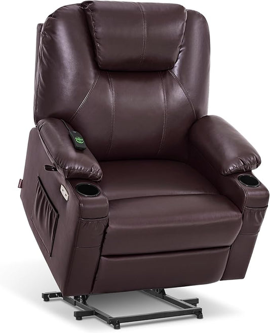 MCombo Oversized Power Lift Recliner Chair for Elderly, Lift Chair with Heat and Massage for Big and Tall, USB&Type C Ports, Cup Holders, Faux Leather R7510 (Dark Brown, Large-Wide)