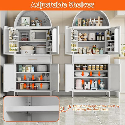 72.8" White Metal Arched Pantry Cabinet with Drawer, Tall Kitchen Storage Cabinet with 3 Adjustable Shelves, Door Storage, Magnetic Closure & Anti-Tip Kit, White, Assembly Required