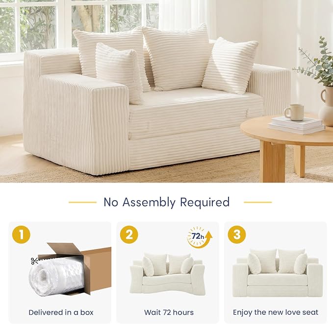 cidludto Convertible Sofa Bed, Boneless Couch 2 in 1 Loveseat Folding Couch Bed Foldable, Boneless Chair Bed & Futon Sofa, Small Couch Corduroy Pull Out Sofa with 4 Pillows for Living Room, Beige