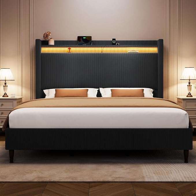 King Size Bed Frame with Tall Headboard, 55.3" Corduroy Upholstered Platform Bedframe with LED Lights & Charging Station, King Beds Wingback Storage Headboard, No Box Spring Needed, Wood Slats, Black
