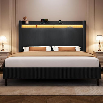 King Size Bed Frame with Tall Headboard, 55.3" Corduroy Upholstered Platform Bedframe with LED Lights & Charging Station, King Beds Wingback Storage Headboard, No Box Spring Needed, Wood Slats, Black