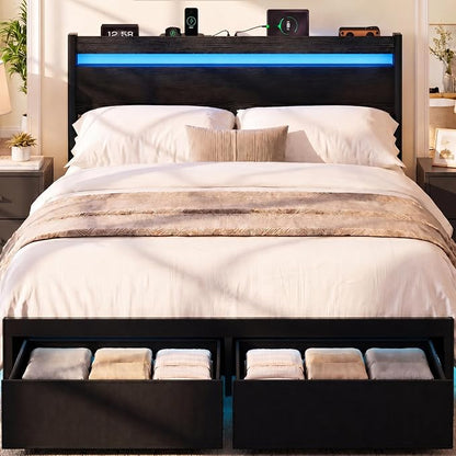 Queen Bed Frame with Drawers, Platform Bed with LED Lights & Charging Station, Wood Headboard, Strong Metal Slats Support, No Box Spring Needed, Noise Free, Easy Assembly