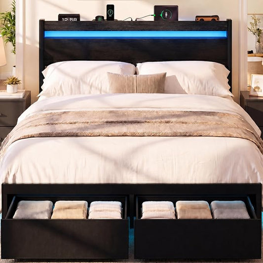 Queen Bed Frame with Drawers, Platform Bed with LED Lights & Charging Station, Wood Headboard, Strong Metal Slats Support, No Box Spring Needed, Noise Free, Easy Assembly