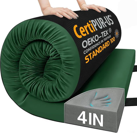 CYMULA 3 Inch Memory Foam Camping Pad, Camping Essentials Roll Up Floor Mat for Car Camping, Cot, Tent, Truck, Travel and Guest Use, Non-Slip Waterproof Bottom, Removable Cover
