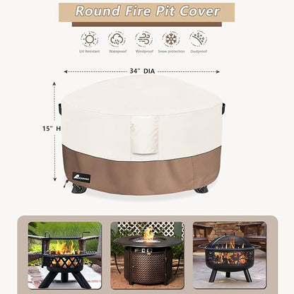 Fire Pit Cover Round 34 Inch Waterproof,Outdoor Heavy Duty Durable 600D Tear-Resistant Fire Pit Table Cover,Patio Round Firepit Cover 34" D x 15" H, Beige