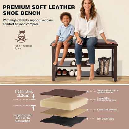 PY HOME & SPORTS Shoe Rack for Entryway 31.5": 3-Tier Shoe Storage Bench,Adjustable/Removable Shelves, Rubberwood Shoe Benches for Hallway, Porch, Bathroom, Brown