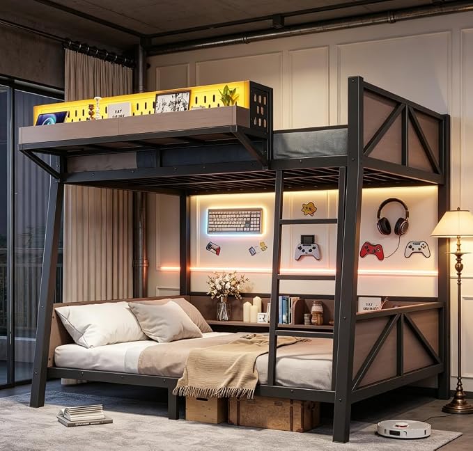 Bellemave Bunk Bed Twin Over Twin with LED, Heavy Duty Metal Bunk BedFrame with Storage Shelves and Lights, Black