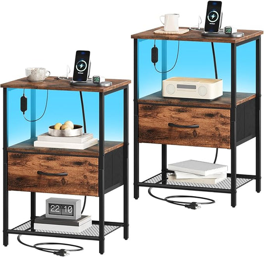 Somdot Nightstand Set of 2 with Charging Station and LED Light for Bedroom, Bedside Table End Table for Dorm Guest Room Bedside Kids Laundry Closet Entryway Hallway, Wood Grain Print