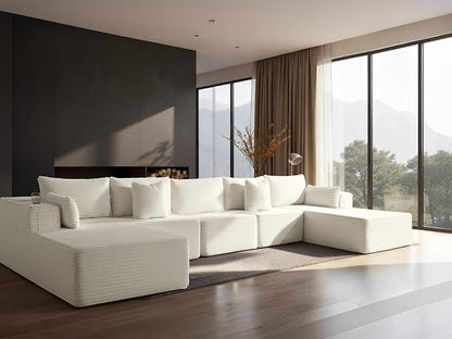 168" Cloud Sectional Couch, Comfort U Shaped Sofa for Living Room, Extra Deep Seats No Assembly, Minimalist Modular Couch, Corduroy (Cream, 7 Seats,U-Shape C)