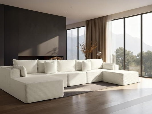 168" Cloud Sectional Couch, Comfort U Shaped Sofa for Living Room, Extra Deep Seats No Assembly, Minimalist Modular Couch, Corduroy (Cream, 7 Seats,U-Shape C)
