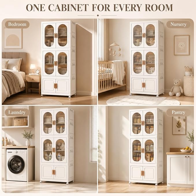 2-Tier Hanging Foldable Closet with Storage Bin, 3-Tier Portable Armoire Organizer, Modular Folding Cabinet with Doors & Wheels for Nursery Room Organization, Clear