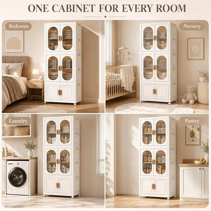 2-Tier Hanging Foldable Closet with Storage Bin, 3-Tier Portable Armoire Organizer, Modular Folding Cabinet with Doors & Wheels for Nursery Room Organization, Clear