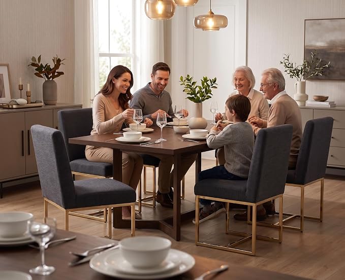 CIMOTA Black Modern Dining Chairs Set of 6, Upholstered Dining Room Chairs Armless Guest Side Chair with Gold Base for Dining Room/Kitchen, Charcoal Black, 6PCS