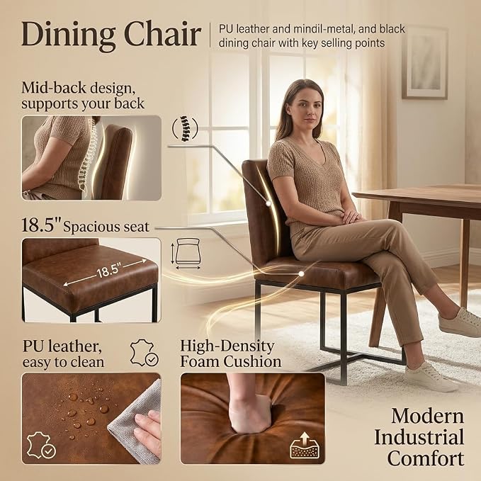 CIMOTA Modern Dining Chairs Set of 8, Leather Dining Room Chairs Upholstered Mid Century Armless Guest Side Chair with Black Base for Dining Room/Kitchen, Vintage Brown 8PCS