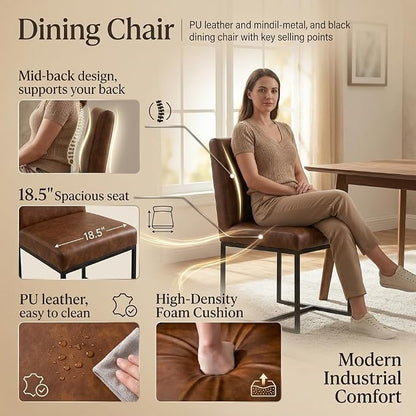 CIMOTA Modern Dining Chairs Set of 8, Leather Dining Room Chairs Upholstered Mid Century Armless Guest Side Chair with Black Base for Dining Room/Kitchen, Vintage Brown 8PCS