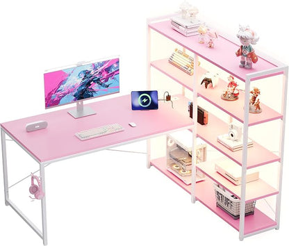 Pamray 49 Inch L Shaped Gaming Computer Desk with Shelves and Storage | Compact Reversible Design with LED Lights & Power Outlets, Suitable for Home Office Bedroom Small Spaces and Dorm Study Work