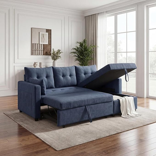 Convertible Sofa Bed, L Shape Sleeper Sofa with Reversible Storage Chaise, Tufted Fabric Sectional Sleeper Sofa with Pull Out Bed for Small Space, Living Room, Apartment, Dark Blue
