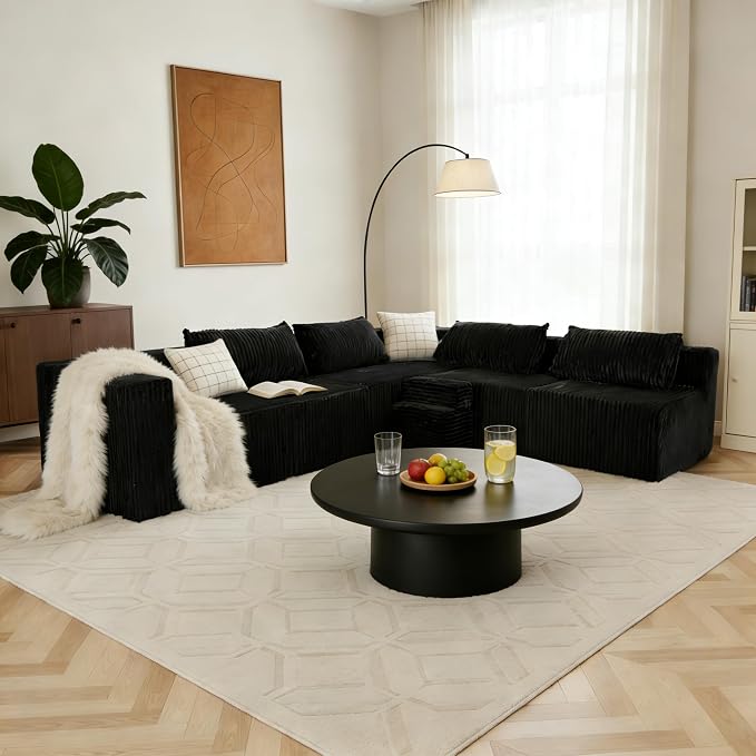 128" U-Shaped Modular Sofa, Modern Cloud Couch with Double Chaise, Sectional Boneless Couches for Living Room Bedroom, No Assembly Required, Black
