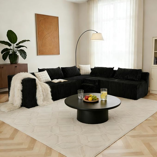 128" U-Shaped Modular Sofa, Modern Cloud Couch with Double Chaise, Sectional Boneless Couches for Living Room Bedroom, No Assembly Required, Black
