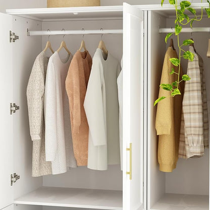WOODTIME Wardrobe Closet with 2 Hanging Rods, Modern Wooden Armoire with 6 Framed Doors & 6 Shelves, Clothes Storage Cabinet Organizer for Bedroom Apartment, White
