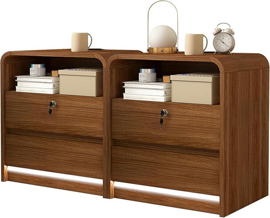 23.6" Walnut Nightstand Set of 2 with Charging Station, Motion-Activated LED Light & Soft Close Lockable Drawer, Anti-Collision Mid Century Modern Bedside Table with 500 LB Capacity & Hidden Storage